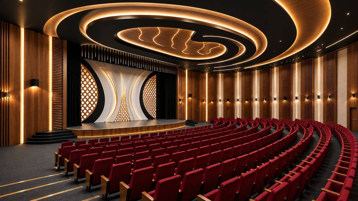 Warm-lit auditorium design with a sculpted illuminated ceiling, timber walls, a central stage and curved rows of red seats