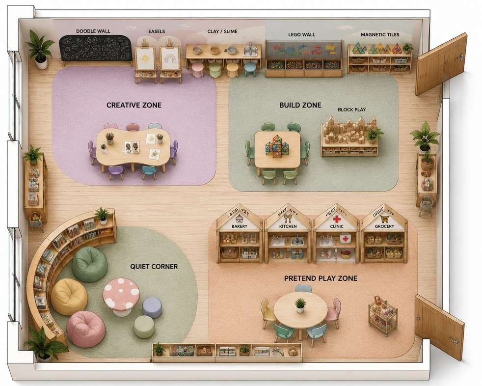 Design visualisation: plan of the activity room showing the creative zone, build zone, pretend play zone and quiet corner