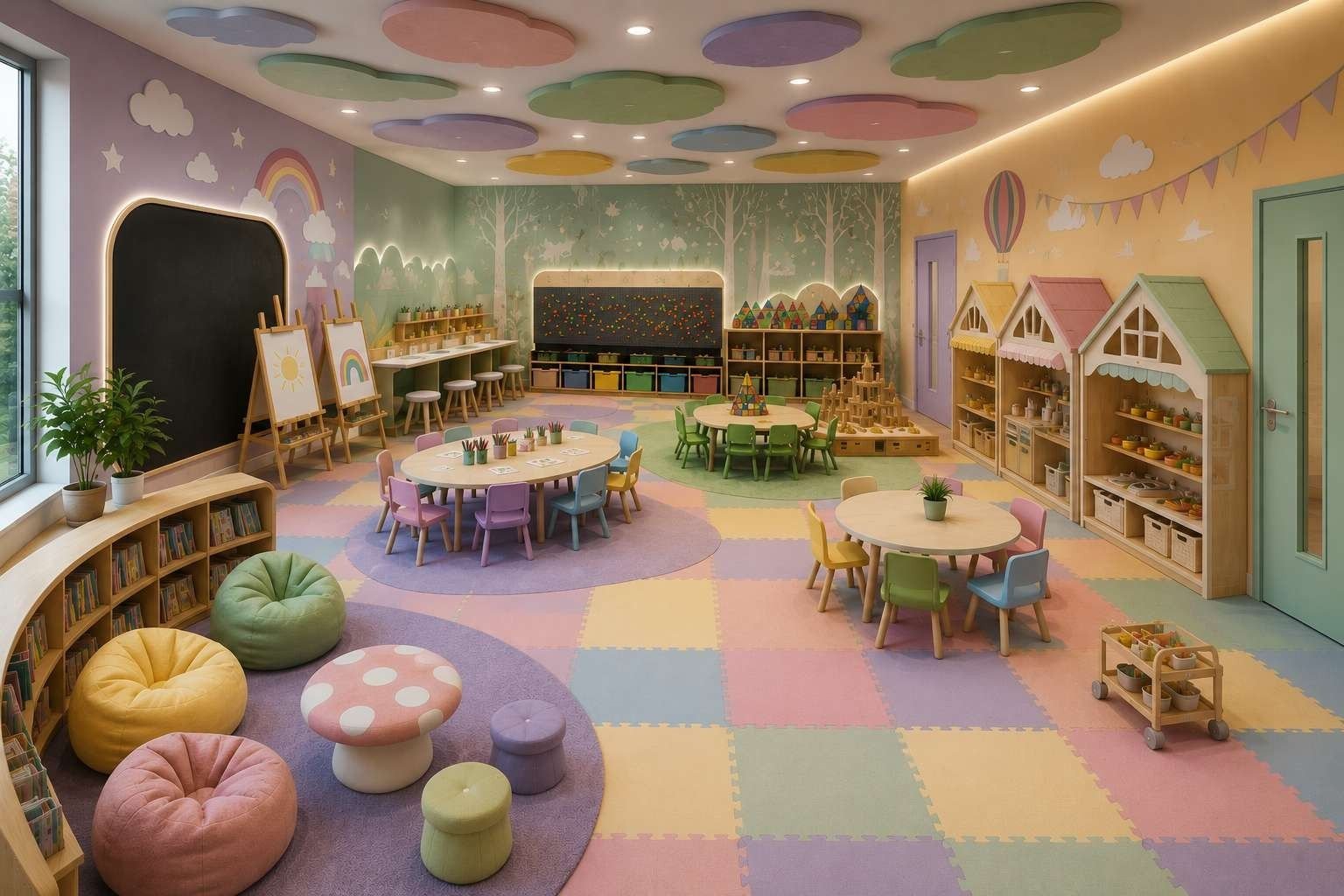Design visualisation of a playschool activity room with play houses, bean bags, round tables and pastel floor tiles