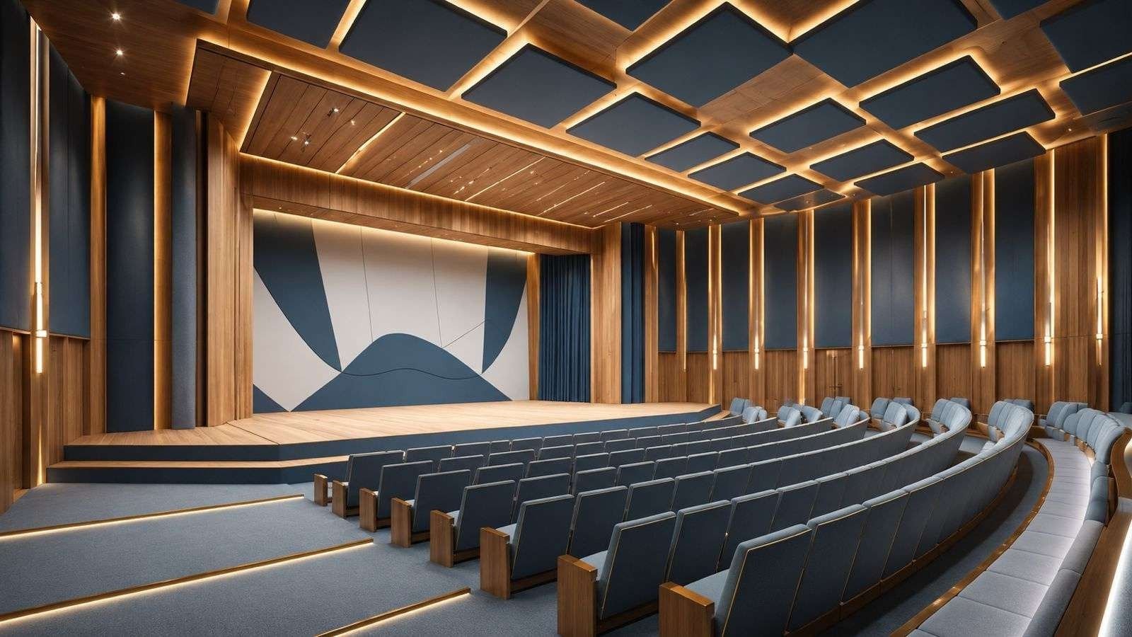 Design visualisation of an auditorium with blue acoustic ceiling baffles, timber wall fins, curved rows of blue seats and a stage with an abstract backdrop