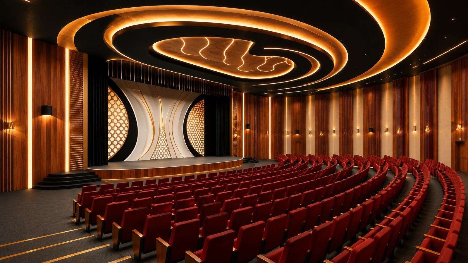 Design visualisation of an auditorium with layered curved ceiling coves, timber-slat walls, red tiered seating and a patterned stage backdrop