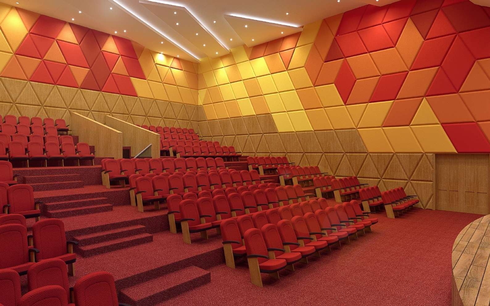 Design visualisation of raked red auditorium seating with stepped aisles below geometric acoustic wall panels