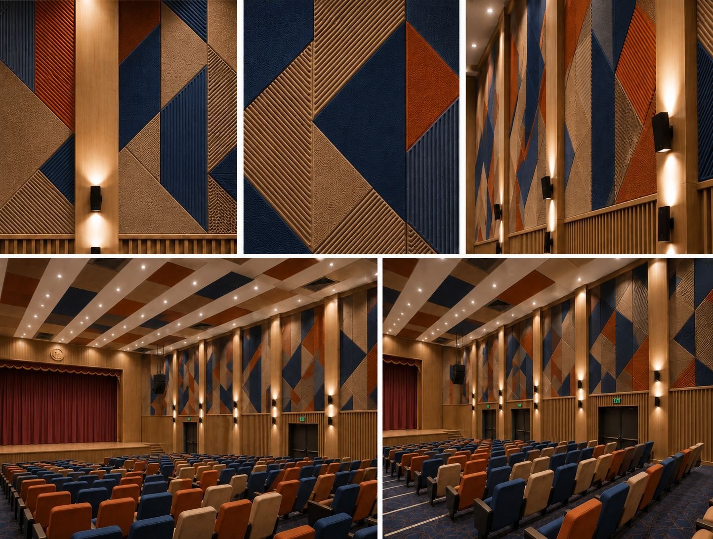 Design visualisation collage of an auditorium with navy, rust and timber geometric acoustic panels, a stage and tiered seating