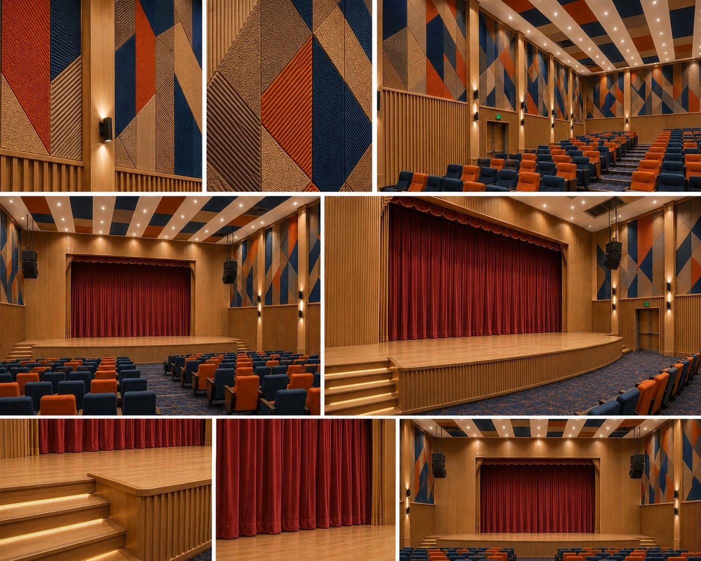 Design visualisation collage showing an auditorium stage, timber finishes, navy and rust acoustic panels and seating