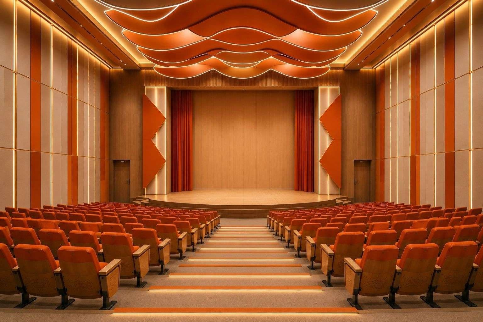 Design visualisation of an auditorium with an orange wave-shaped ceiling, lit wall panels, orange seats and a lit central aisle with steps
