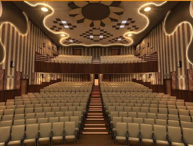 Design visualisation looking from the stage towards rows of seats under a perforated metal ceiling