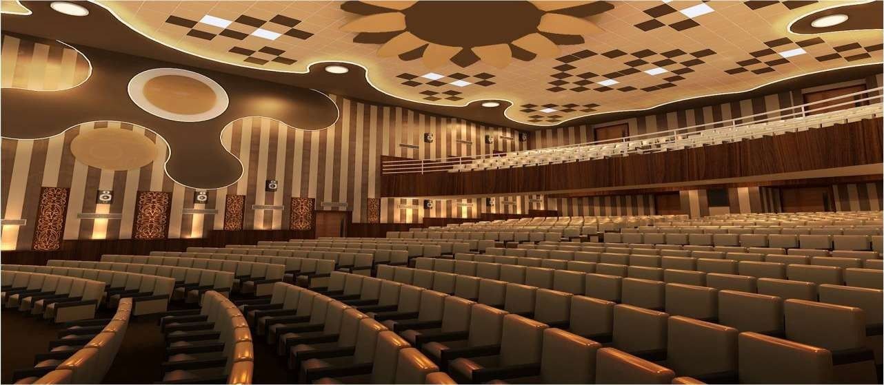 Design visualisation of a large auditorium with a balcony, a perforated metal ceiling with diamond patterns and striped wall panelling