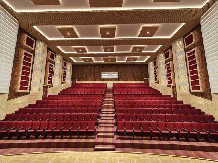 Design visualisation of a raked auditorium with red seats, a central stepped aisle, a coffered ceiling and ornamental wall panels