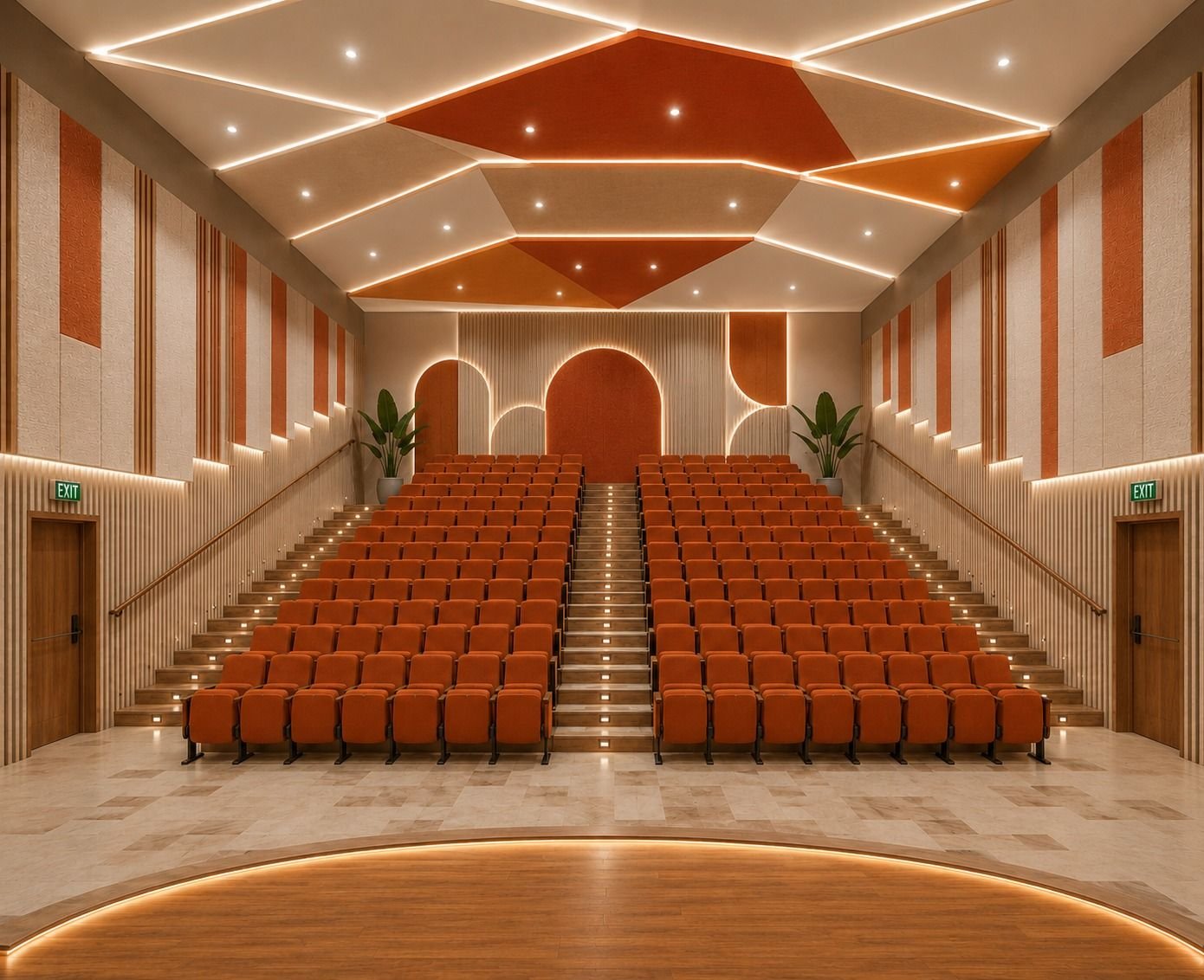 Auditorium with rust-coloured tiered seating, a lit geometric ceiling and warm timber finishes