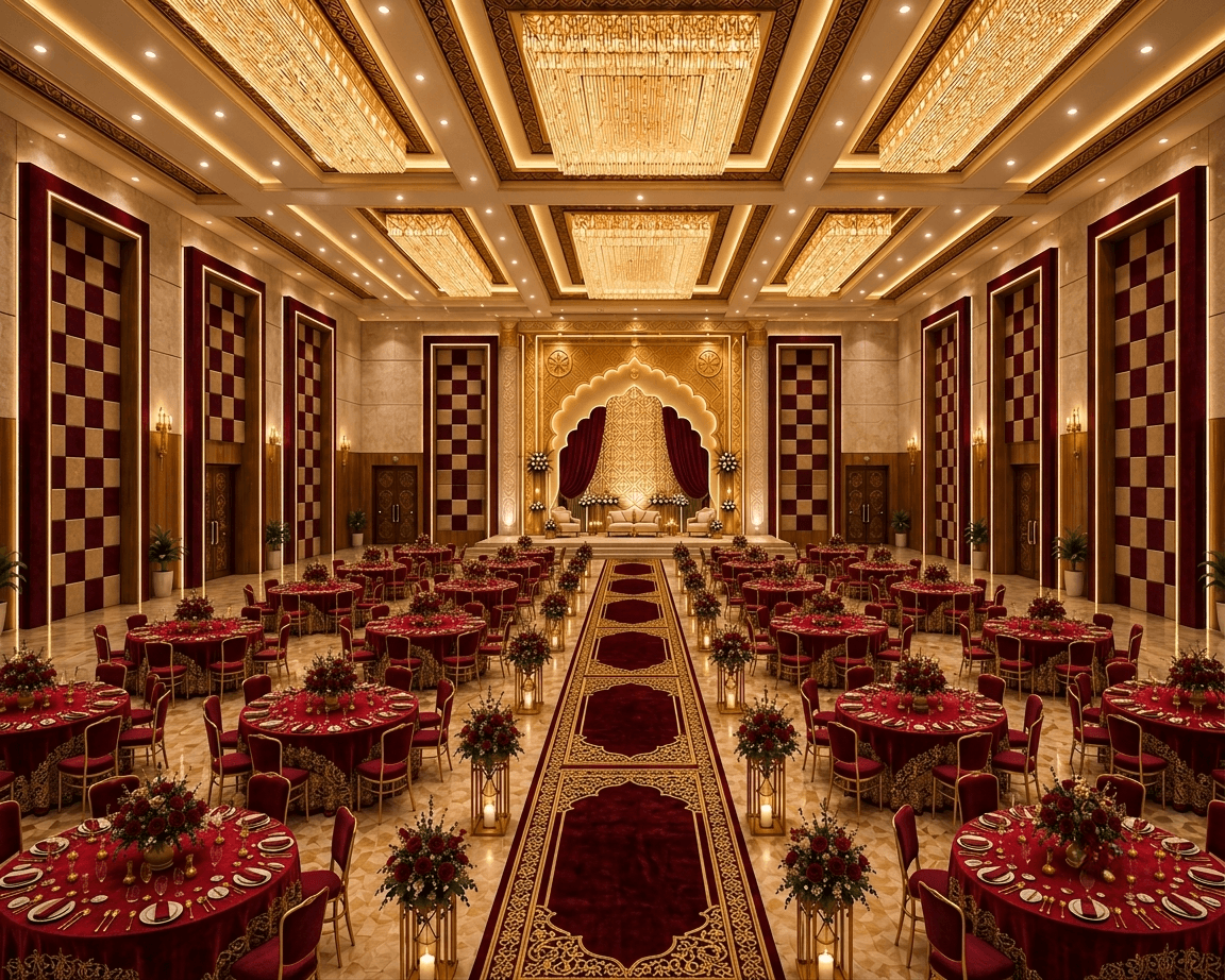 Design visualisation of a luxurious ballroom with burgundy table settings, gold ceiling lights, dark wood panels and a central aisle