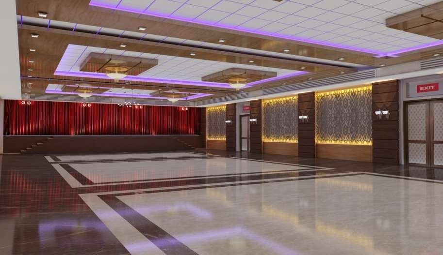 Design visualisation of the same banquet hall looking towards a stage with red curtains
