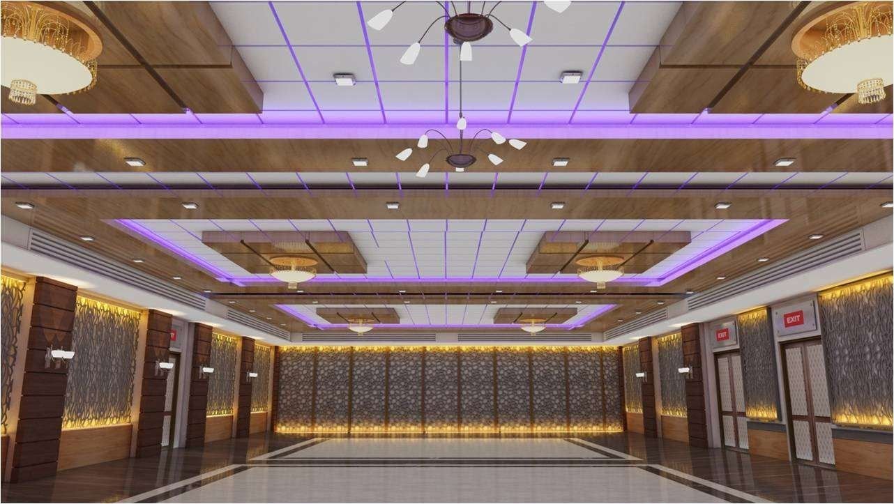 Design visualisation of a banquet hall with a stepped ceiling, purple cove lighting and backlit wall panels