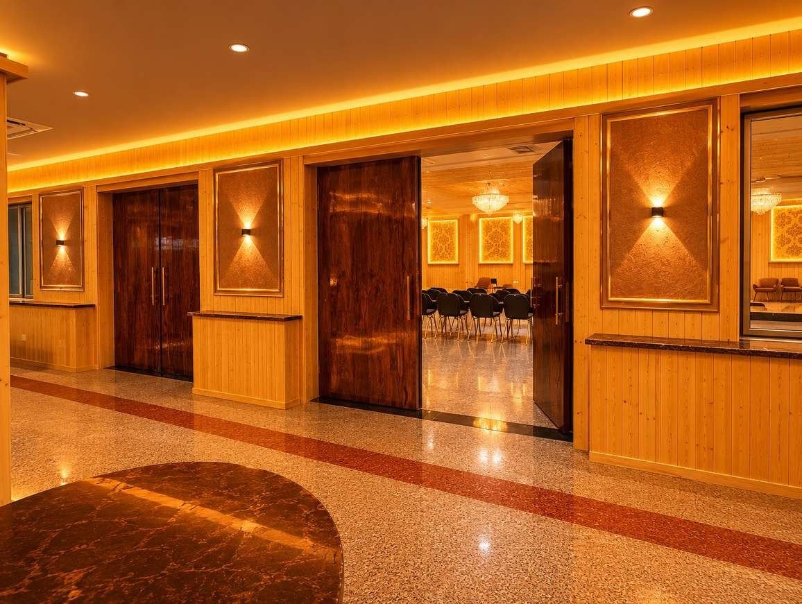 Banquet foyer at AIS Residency with timber doors, wall lights and a terrazzo floor with an inlaid border