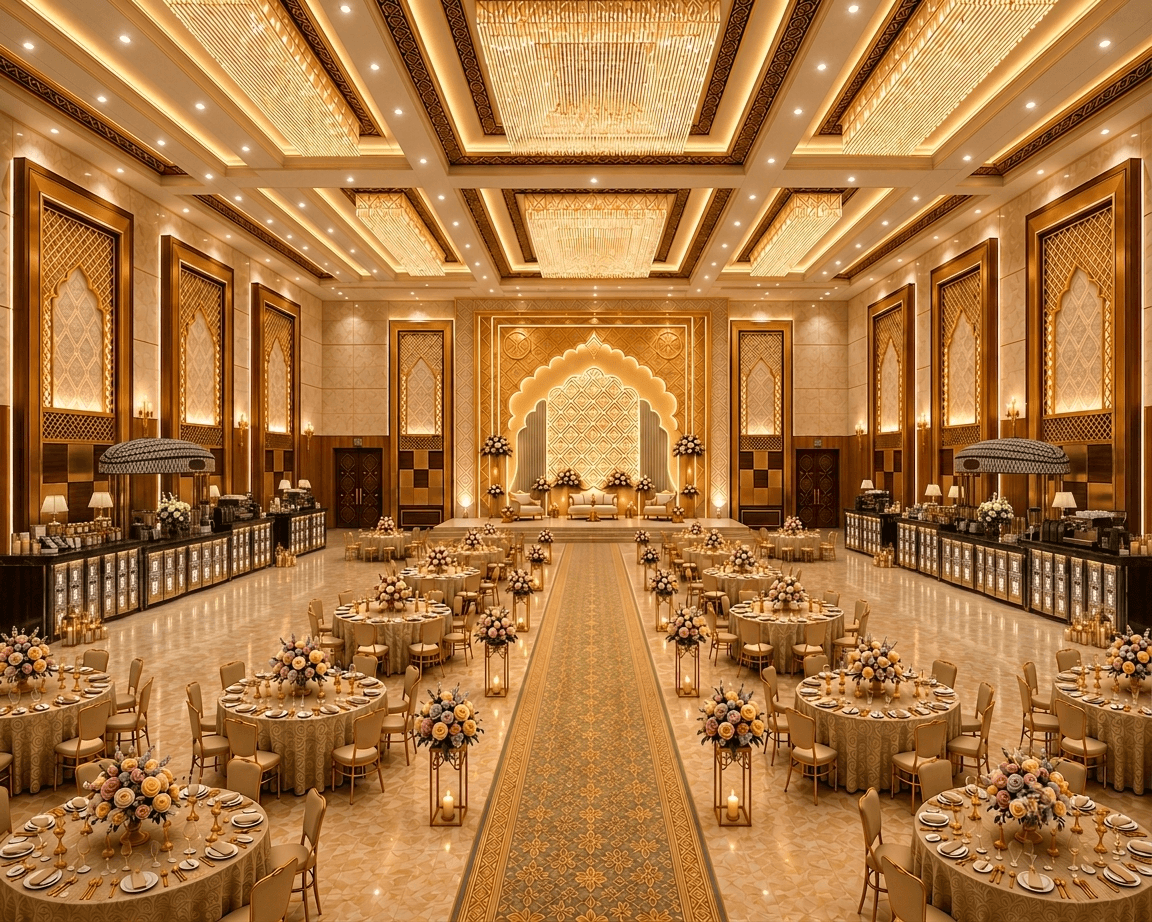 Design visualisation of a gold-lit ballroom with carved arch details, amber accents, round tables and a patterned aisle