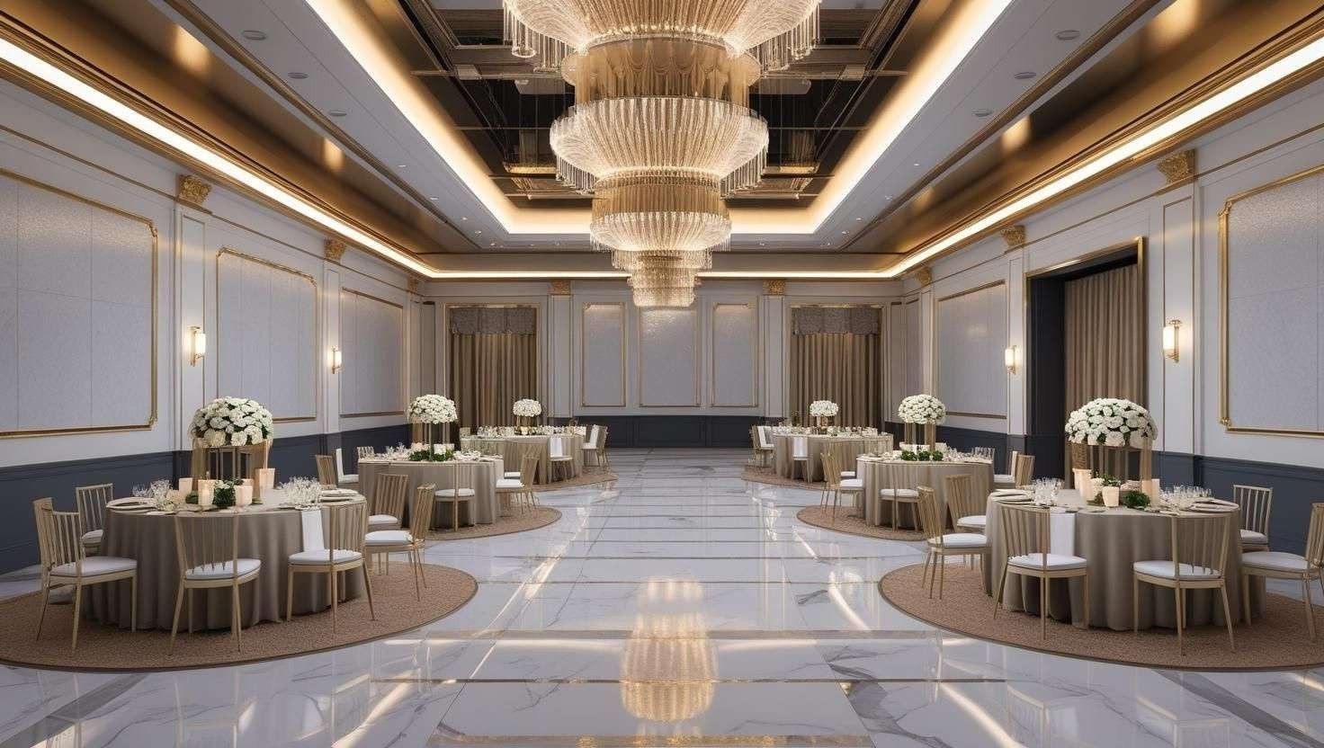 Design visualisation of a banquet hall with a large tiered crystal chandelier, panelled walls and round dining tables