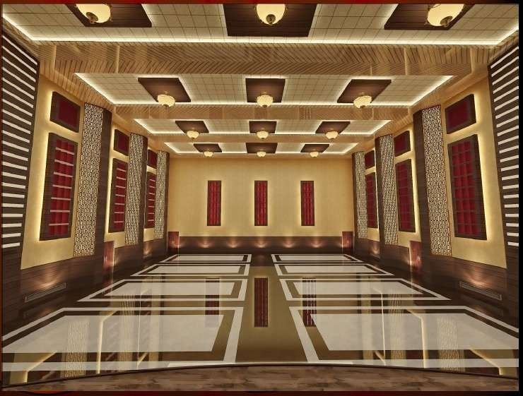 Design visualisation of a banquet hall with beige walls, red feature panels and a patterned floor