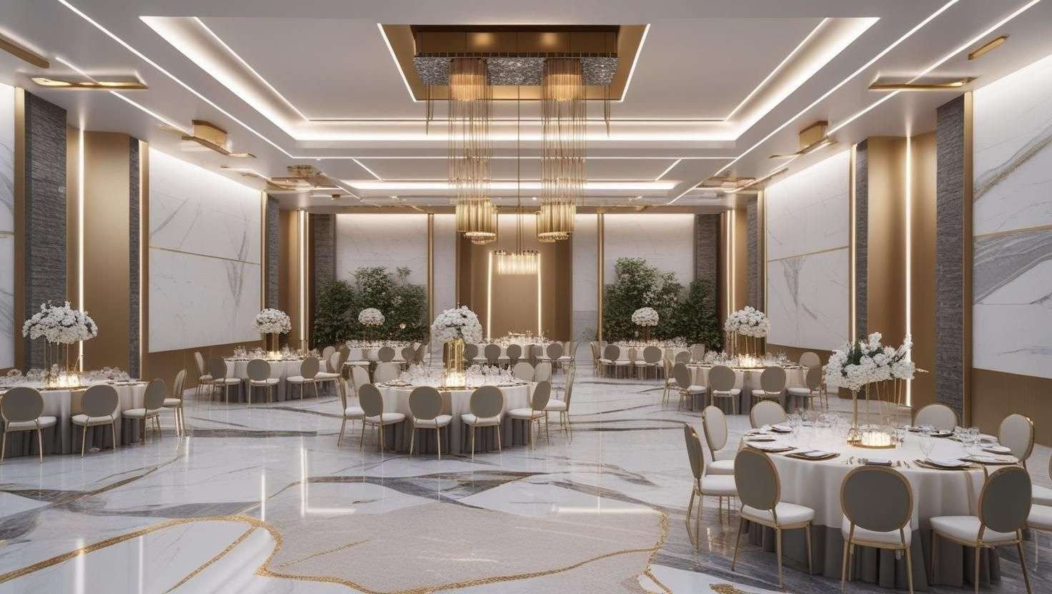 Design visualisation of a banquet hall with white marble floor and walls, gold inlays, hanging lights and round tables with flowers
