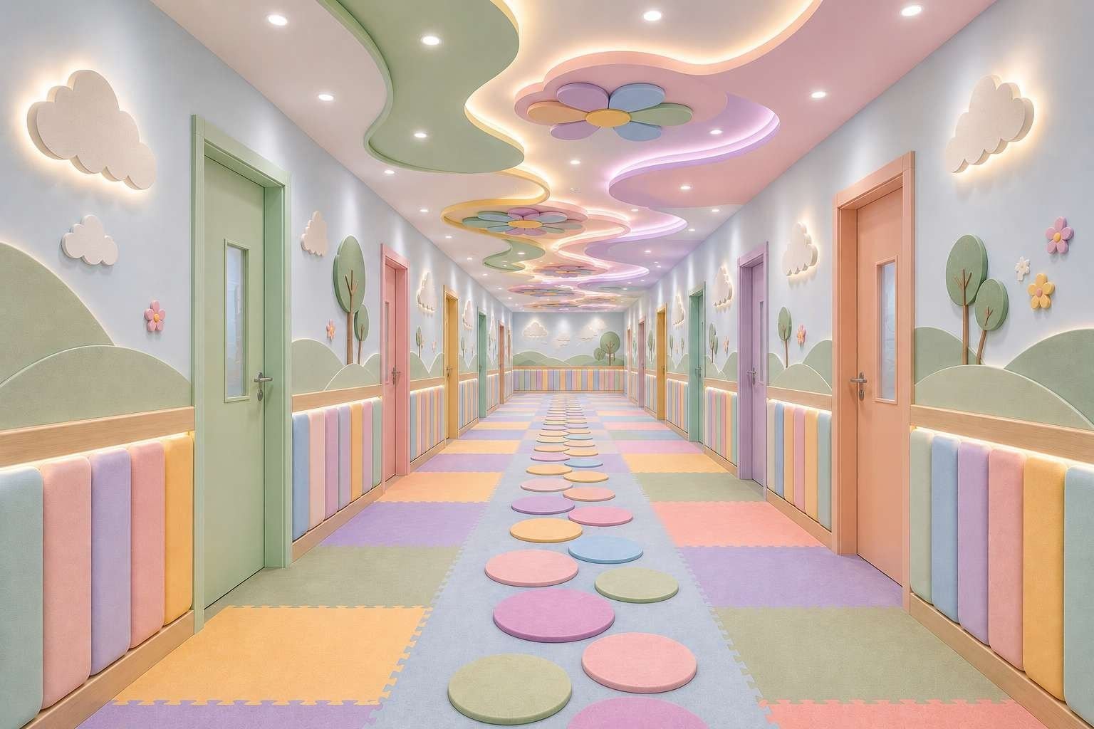 Design visualisation of a playschool corridor with cloud shapes, a flower ceiling feature and stepping-stone circles on the floor