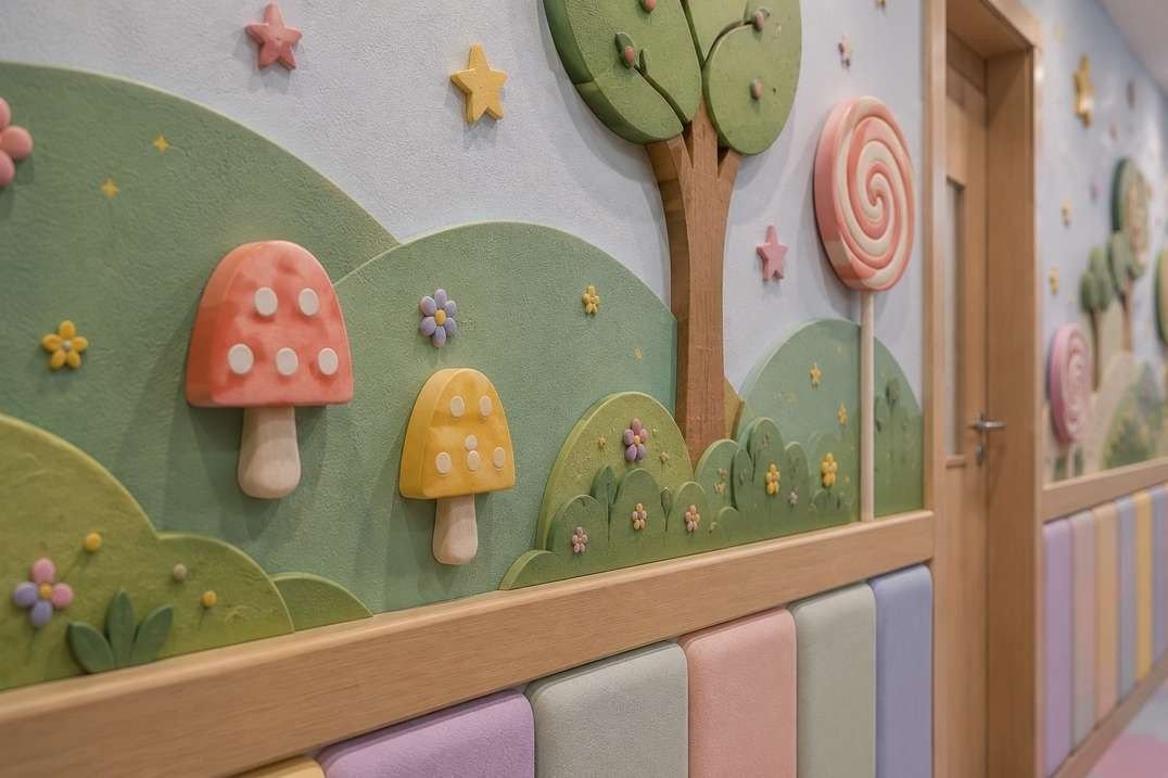 Design visualisation of a corridor wall: 3D mushrooms, trees and a lollipop above soft pastel padded panels