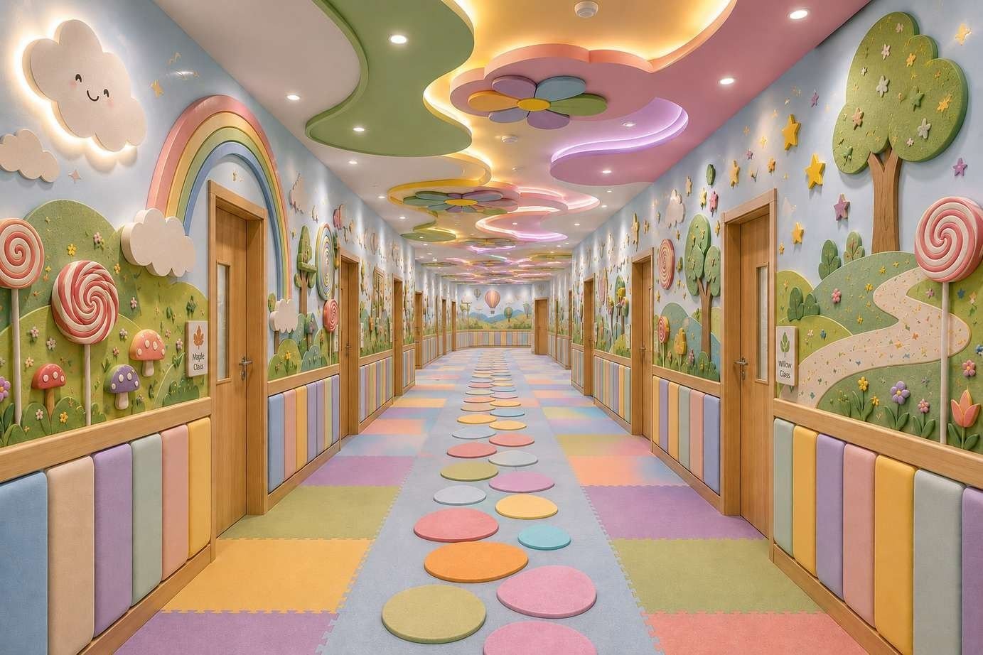 Design visualisation of a playschool corridor with a rainbow mural, 3D trees and padded pastel lower walls