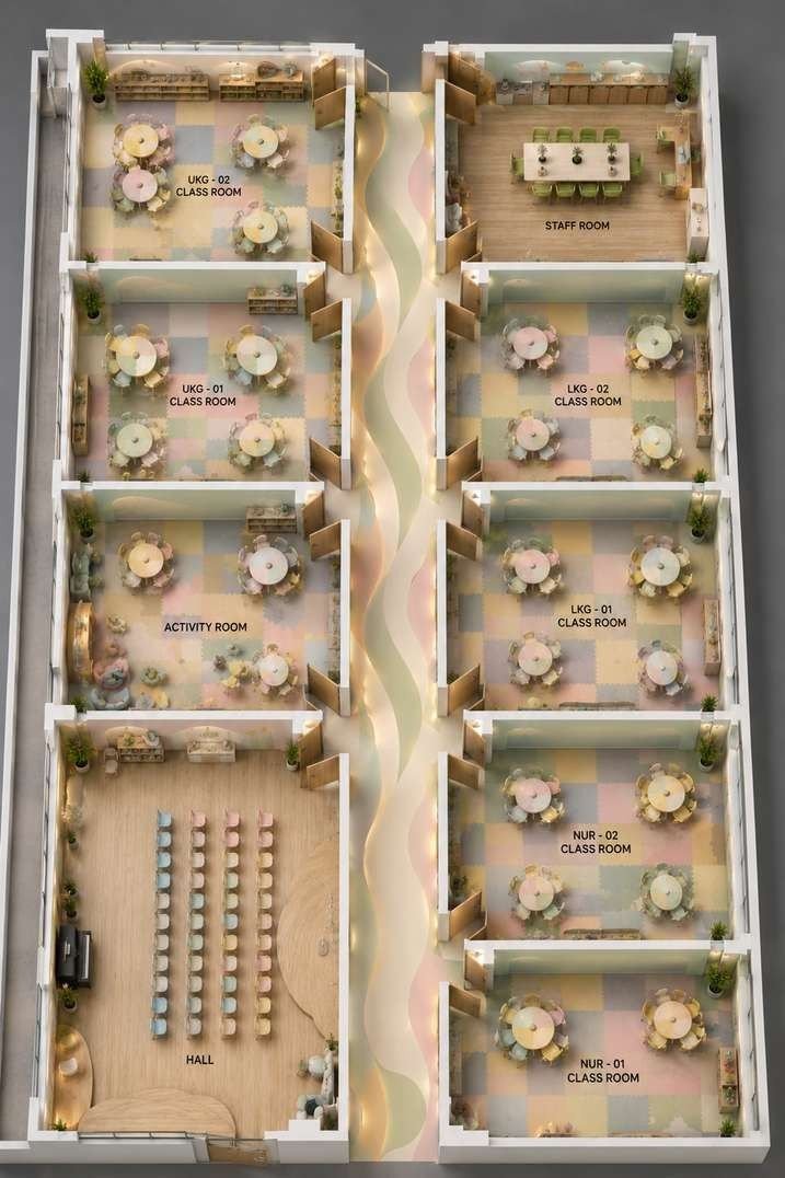 Design visualisation: top-down floor plan of a playschool showing classrooms on both sides of a corridor and a hall