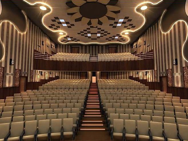 Design visualisation looking from the stage towards rows of seats under a perforated metal ceiling