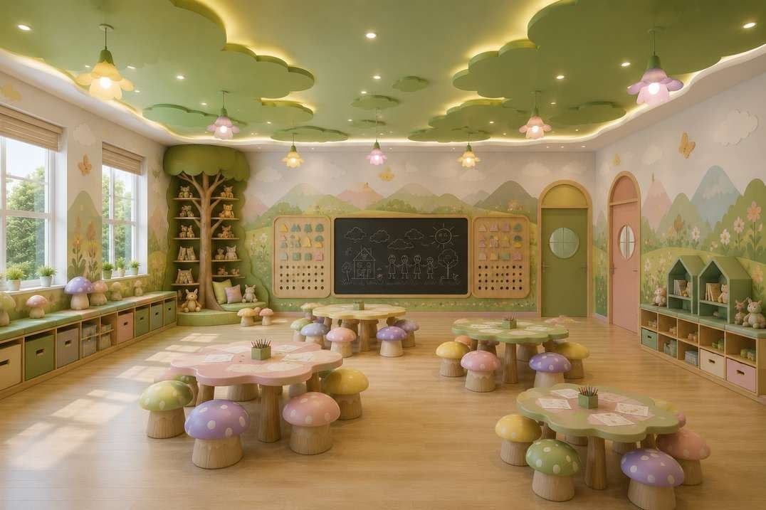 Design visualisation of an LKG classroom with a green leaf ceiling, tree-shaped shelves, mushroom stools and a chalkboard