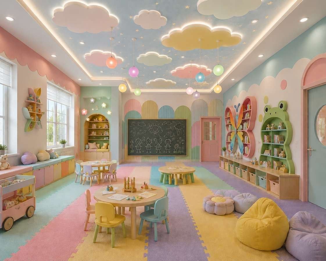Design visualisation of a nursery classroom in pastel colours with cloud-shaped ceiling lights, small round tables and soft seating