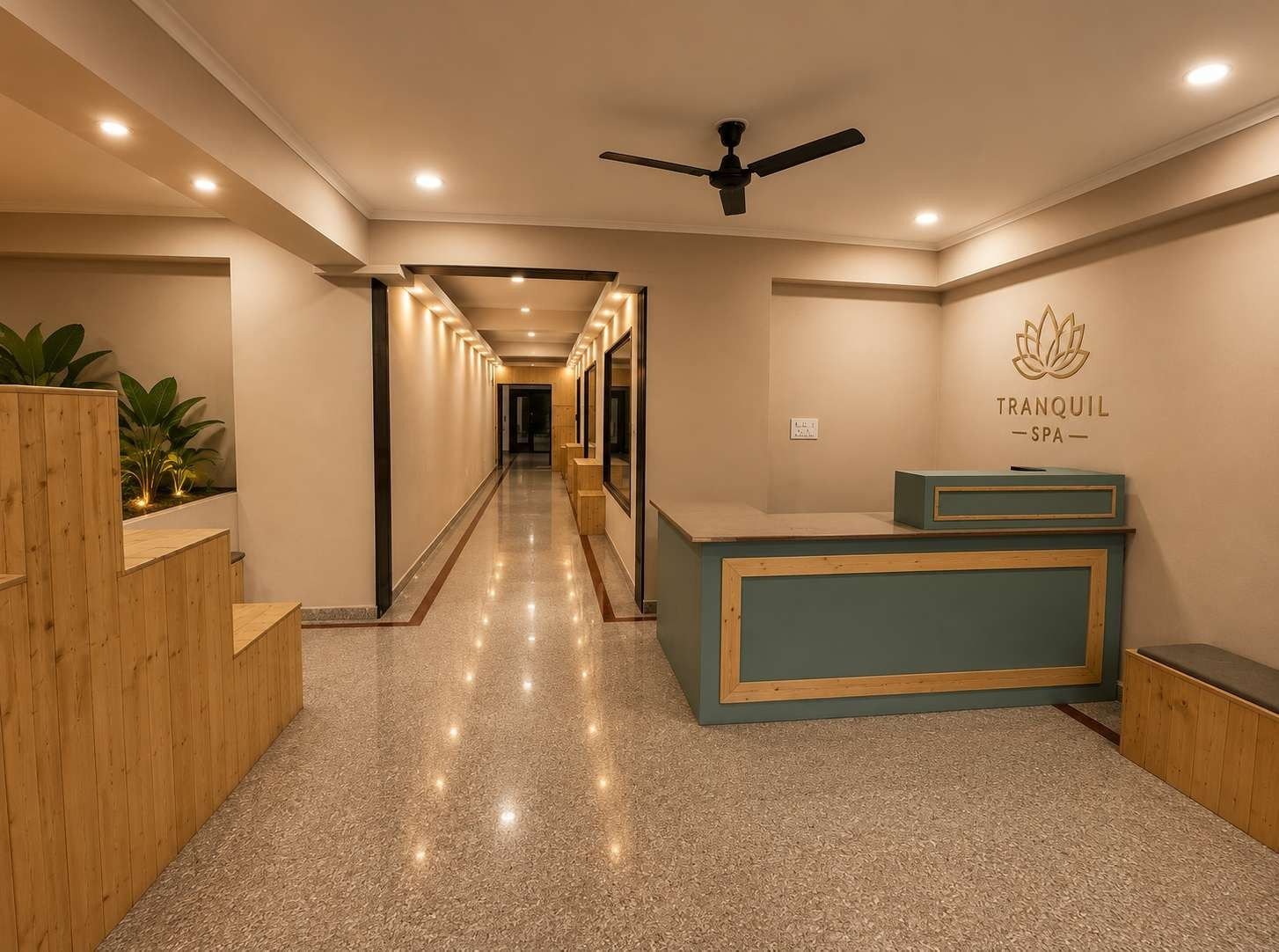 Spa reception desk and corridor at AIS Residency with timber planters and a terrazzo floor