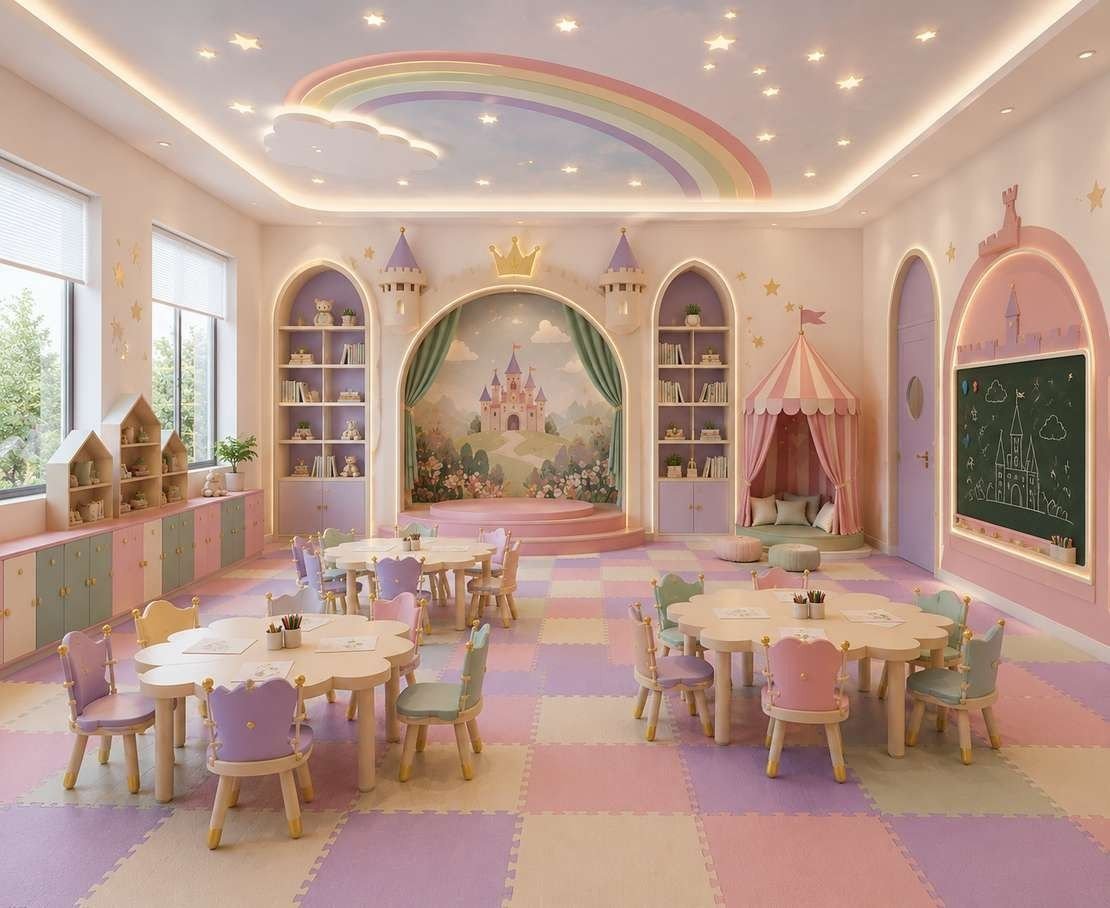 Design visualisation of a UKG classroom with a rainbow ceiling, castle-themed shelving, a reading tent and small tables